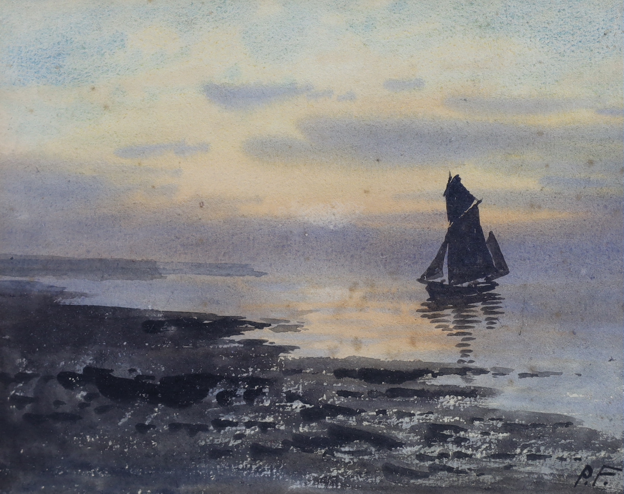 William Percy French (Irish, 1854-1920), Sailing boat at sunset, watercolour, 16 x 21cm